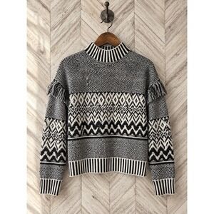 Every Fair Isle Mock Neck Fringe Sweater Black White Size S